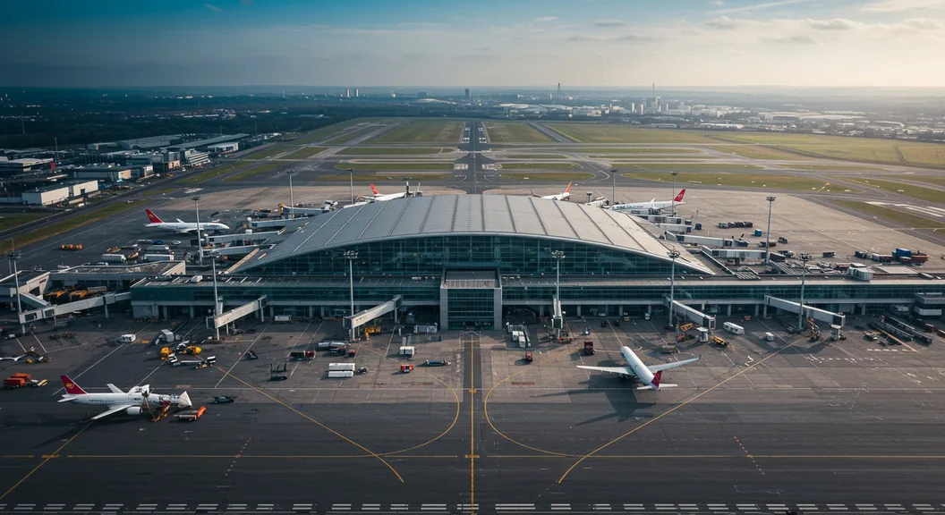 Modern Heathrow airport terminal interior with shops, restaurants and passenger facilities