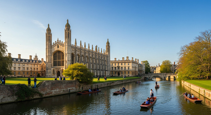 Beautiful Cambridge university architecture with dreaming spires and River Cam punting
