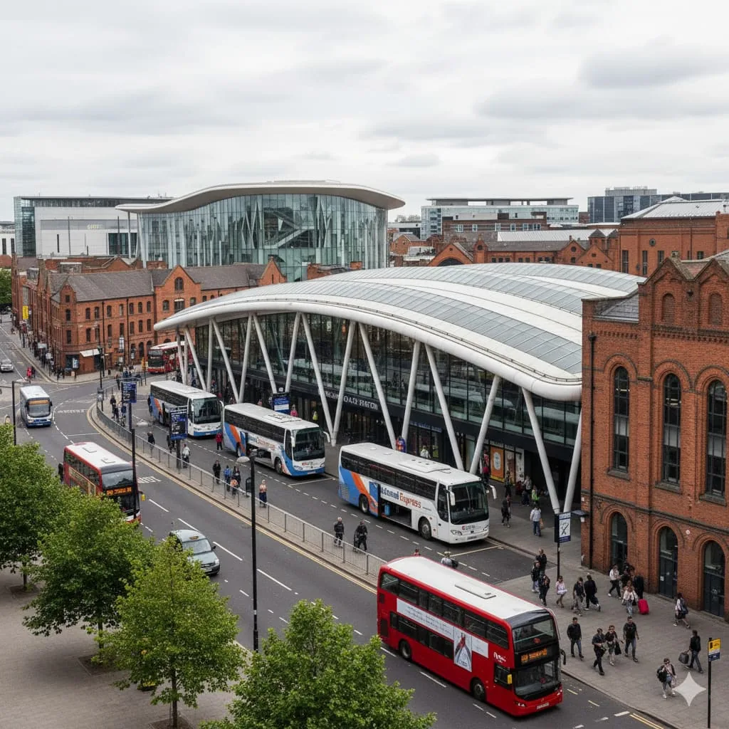 Cardiff Sophia Gardens Coach Station with cricket stadium and Millennium Bridge nearby