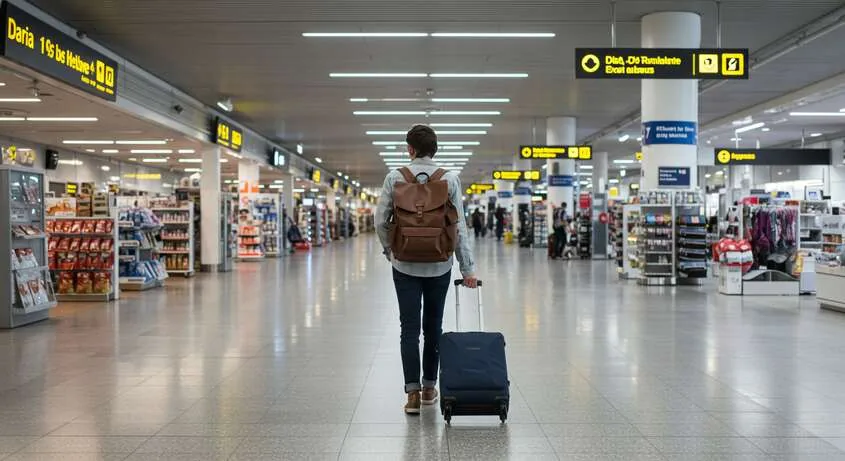 Modern airport terminal with cafes, shops and passenger waiting areas between flights
