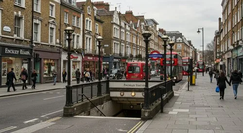 Finchley Road area showing Underground station entrance with typical London architecture, cafes, and tree-lined streets in North London