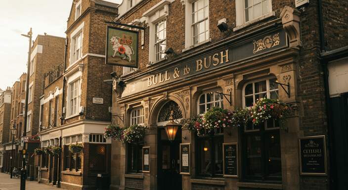 Historic Bull and Bush pub in Golders Green with traditional London architecture