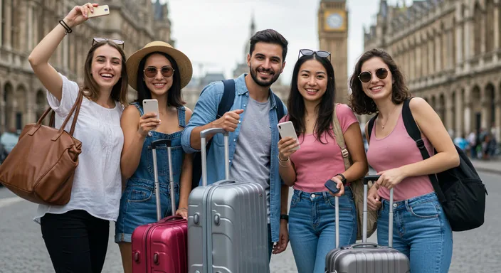 Family or group with luggage waiting for airport bus, happy travelers