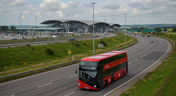 Modern coach travelling between Heathrow and Stansted airports on the M25 motorway