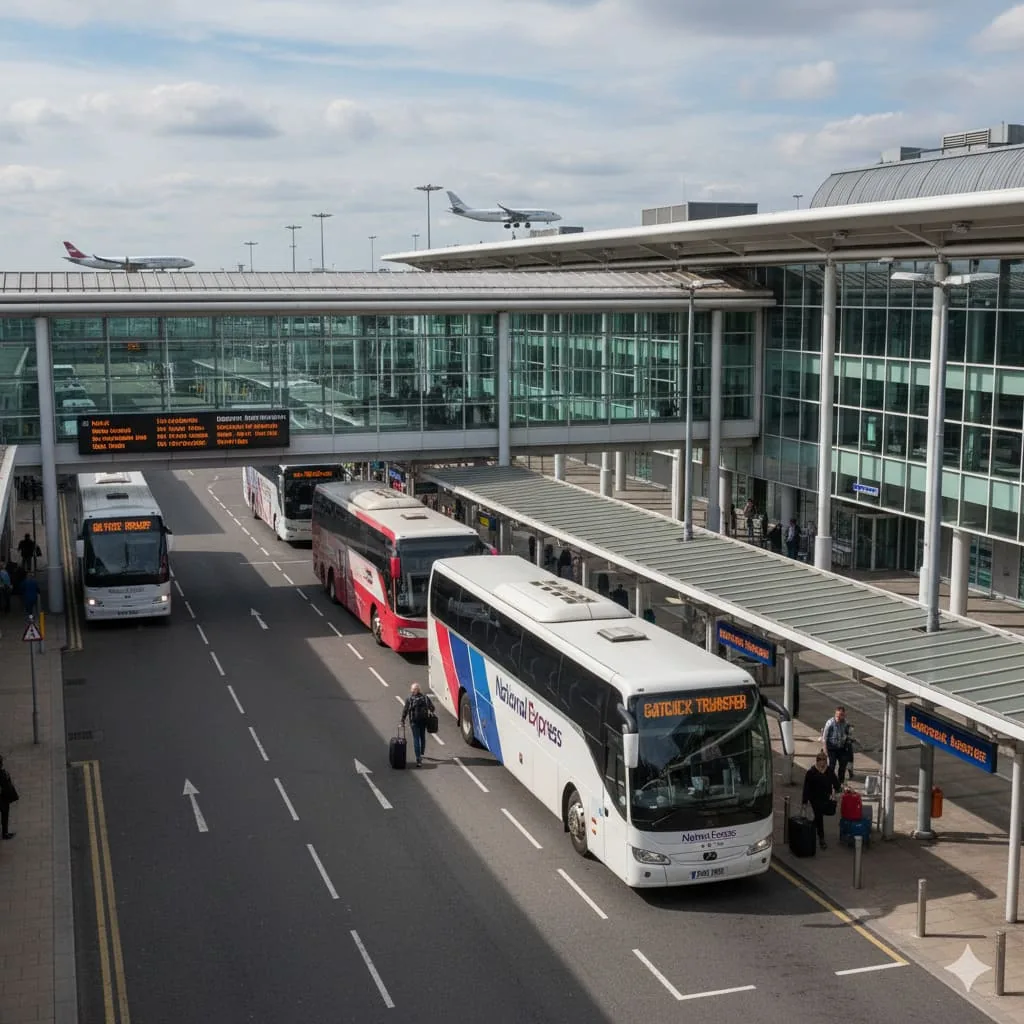 Heathrow Airport terminal building with clear bus stop signage and passenger areas