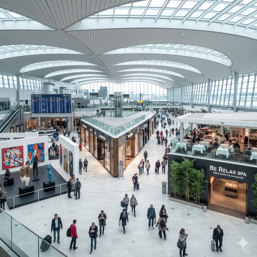 Heathrow Airport terminal with shops restaurants lounges and wheelchair accessible facilities