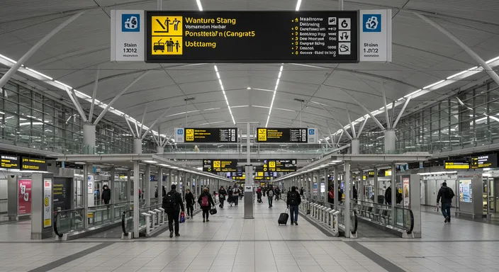 Heathrow Airport terminals showing bus stops and clear passenger signage