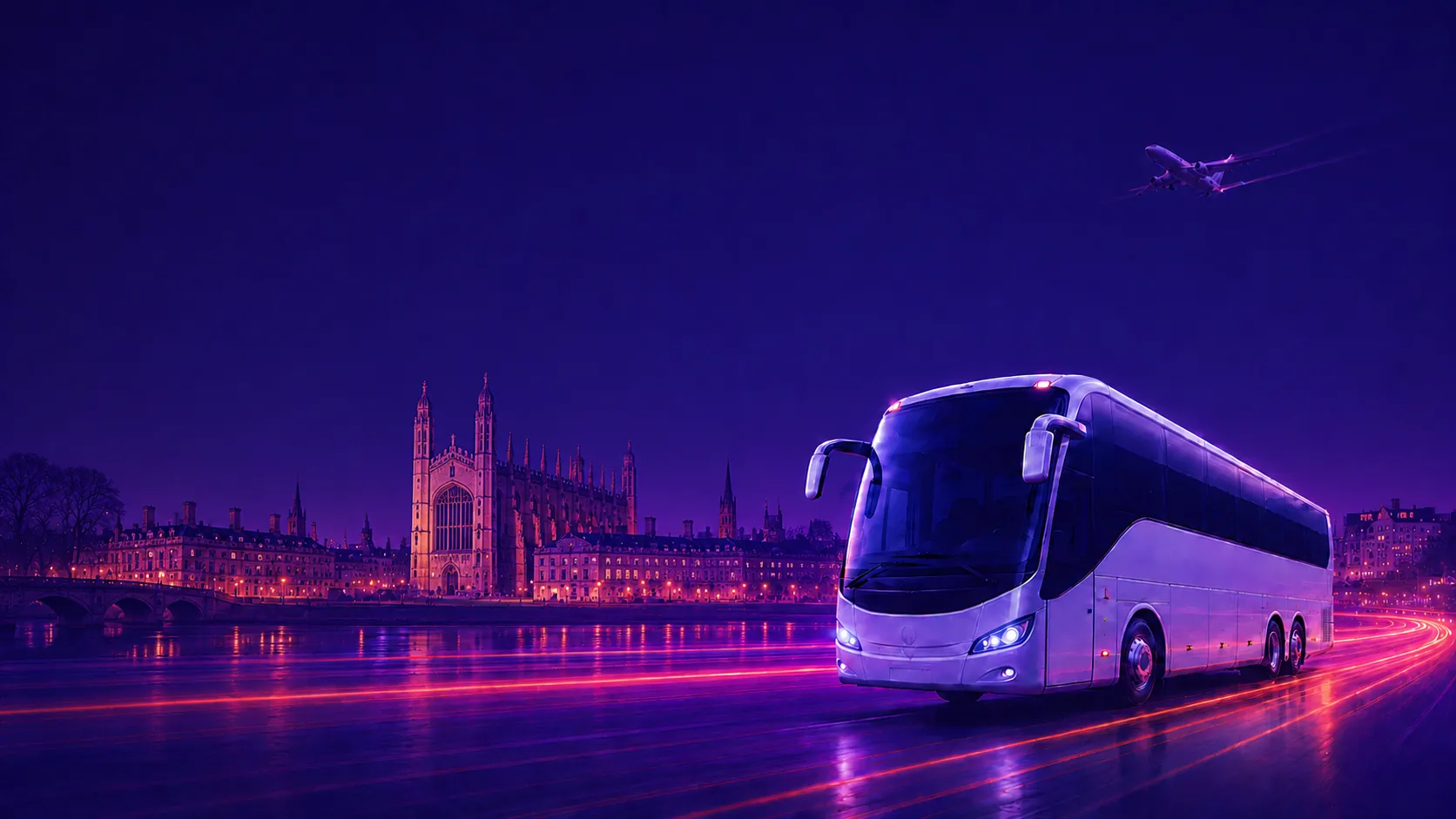 Airport Bus Express coach on a Cambridge road at dusk with the city skyline and a departing plane