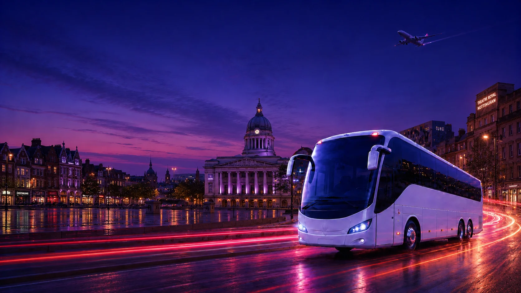 Airport Bus Express coach on a Nottingham road at dusk with the city skyline and a departing plane