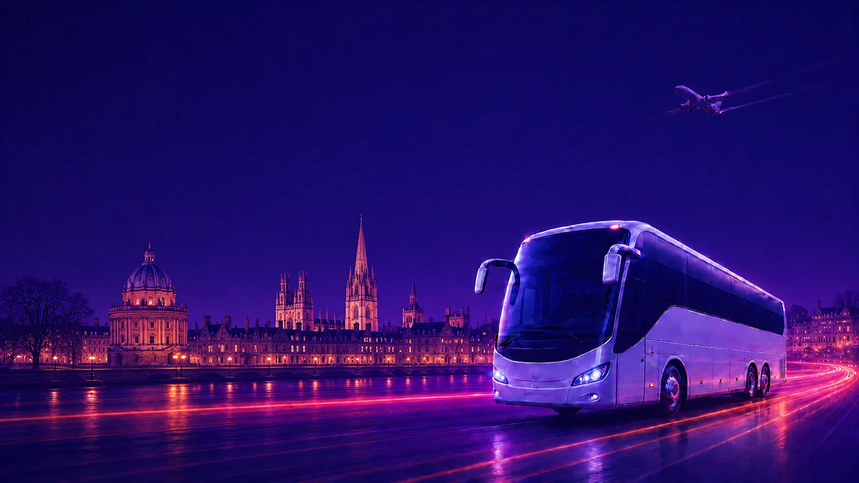 Airport Bus Express coach on an Oxford road at dusk with the city skyline and a departing plane