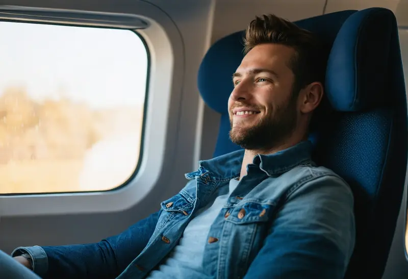 Relaxed passenger enjoying a comfortable airport coach journey