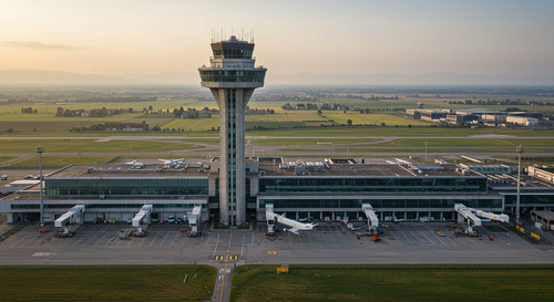 Milan Bergamo Airport control tower and terminal building with Lombardy countryside in background