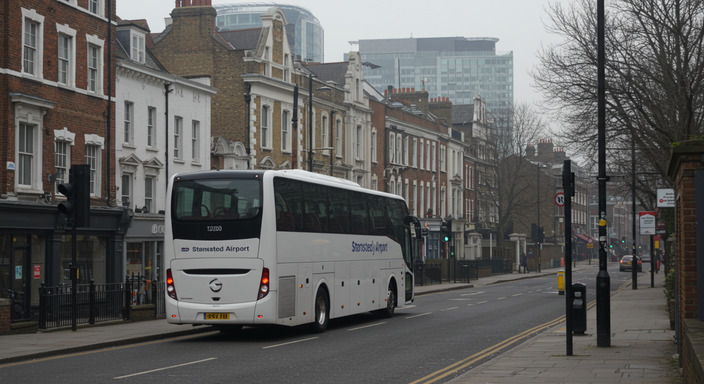 Airport Bus Express coach on London streets heading to Stansted Airport from East London