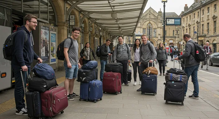 Travellers with luggage at the coach showing a generous baggage allowance