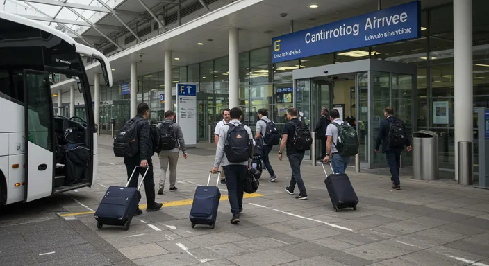 Travellers with various luggage sizes at an airport coach showing a generous baggage allowance