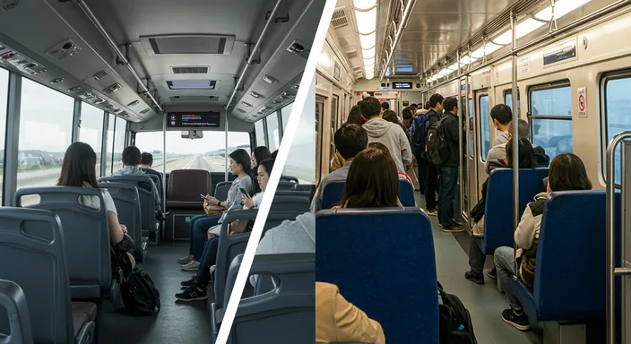 Comfortable airport coach compared with a crowded train, highlighting cost and comfort