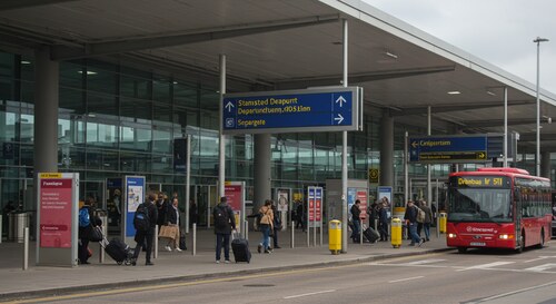 Stansted Airport departure terminal exterior with buses, taxis and passengers with luggage, showing clear airport signage