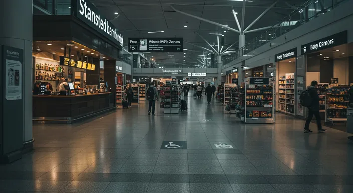 Stansted Airport interior with duty-free shops, cafes and passengers