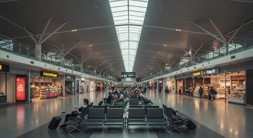 Stansted Airport interior showing modern terminal facilities with shops, cafes, seating areas and passengers relaxing with free WiFi