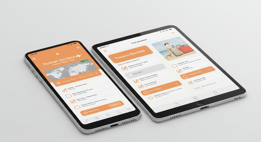 Travel checklist guide on phone and tablet showing airport travel tips